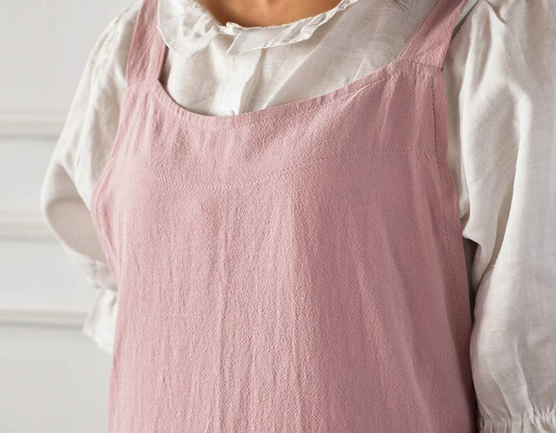 NEWGEM Cotton Linen Cross Back Apron for Women with Pockets for Baking Painting Pink with Waist Ties - Image 5